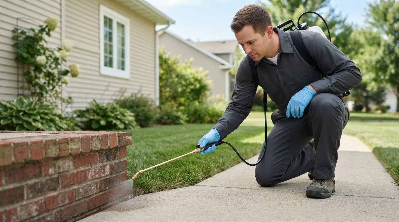 Pest control technician treating a home near Milesville, SD